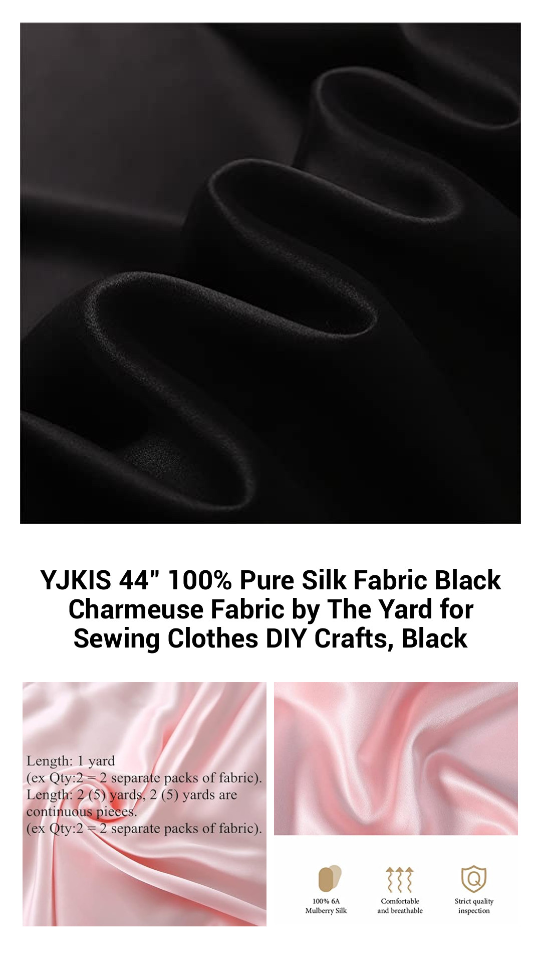Luxurious 44" Black Charmeuse Silk Fabric – 100% Pure Mulberry Silk for Elegant Sewing and DIY Projects