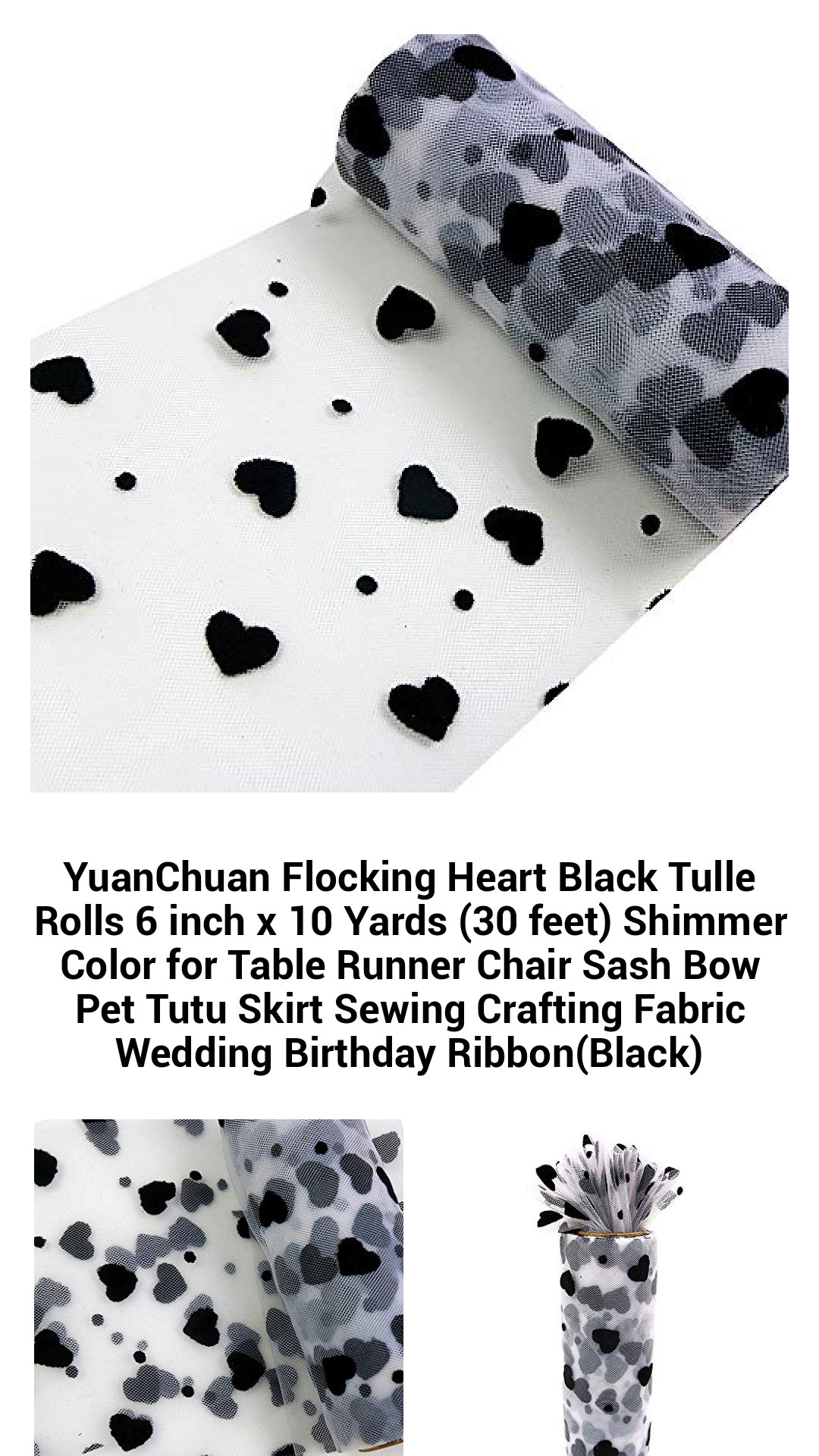 Luxe Black Flocking Heart Tulle Rolls – 6 Inch x 10 Yards for Stunning Table Runners, Chair Sashes, and Creative Craft Projects