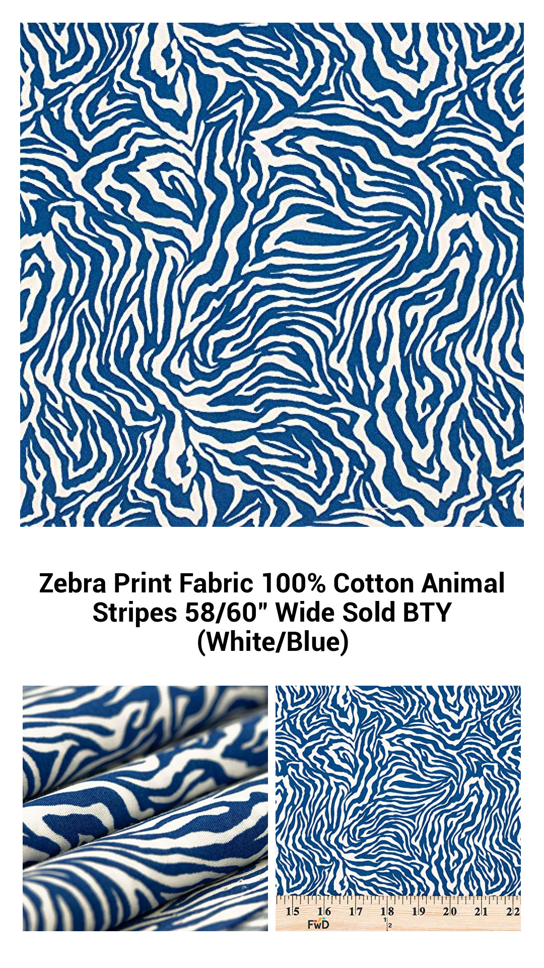 Zebra Print Fabric 100% Cotton Animal Stripes 58/60" Wide Sold BTY (White/Blue) Zebra Print Fabric 100% Cotton Animal Stripes 58/60" Wide Sold BTY (White/Blue)