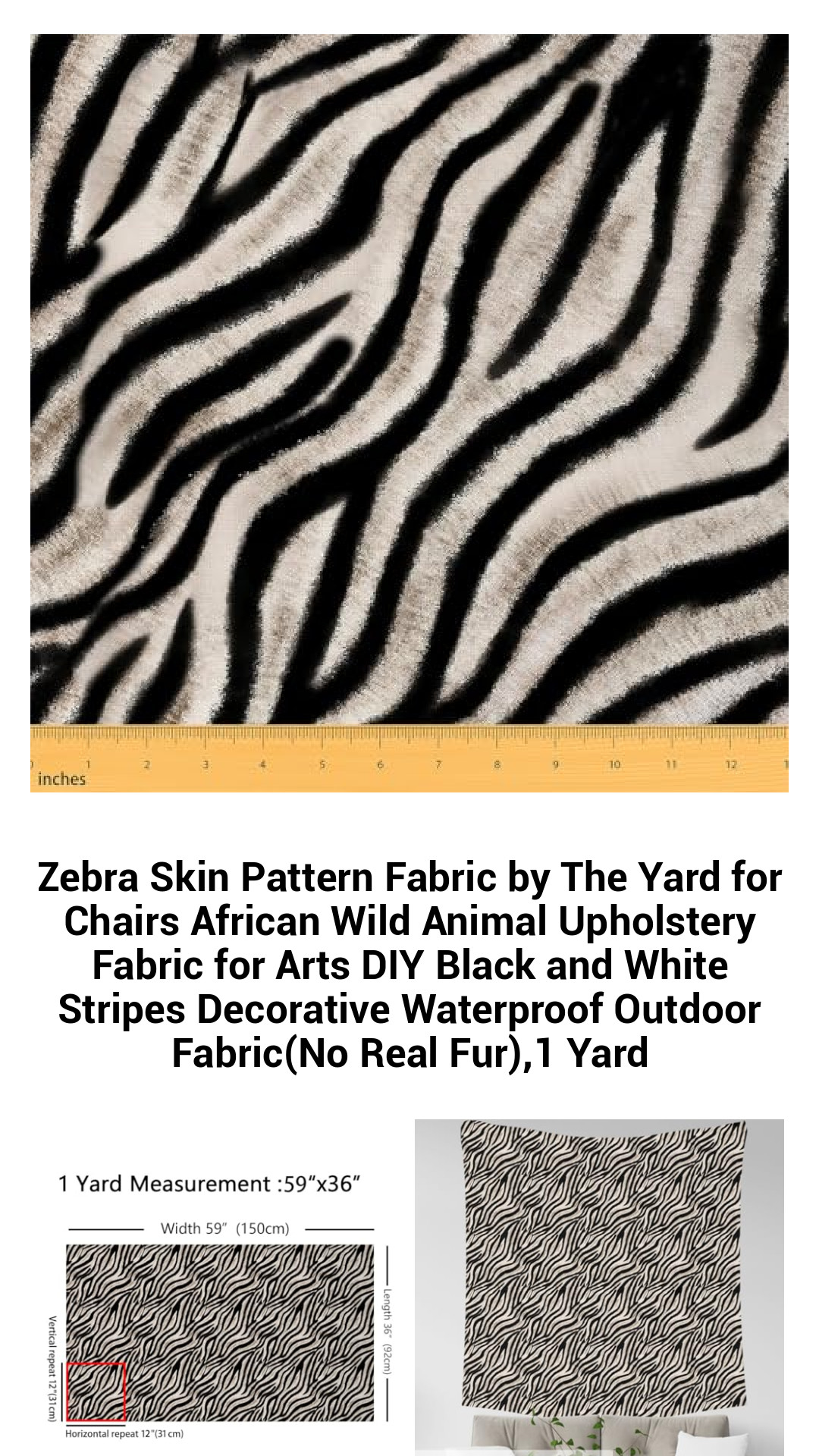 Bold Zebra Stripes Waterproof Fabric by the Yard - Versatile Black and White Upholstery Material for DIY Projects, Outdoor Decor, and Crafting