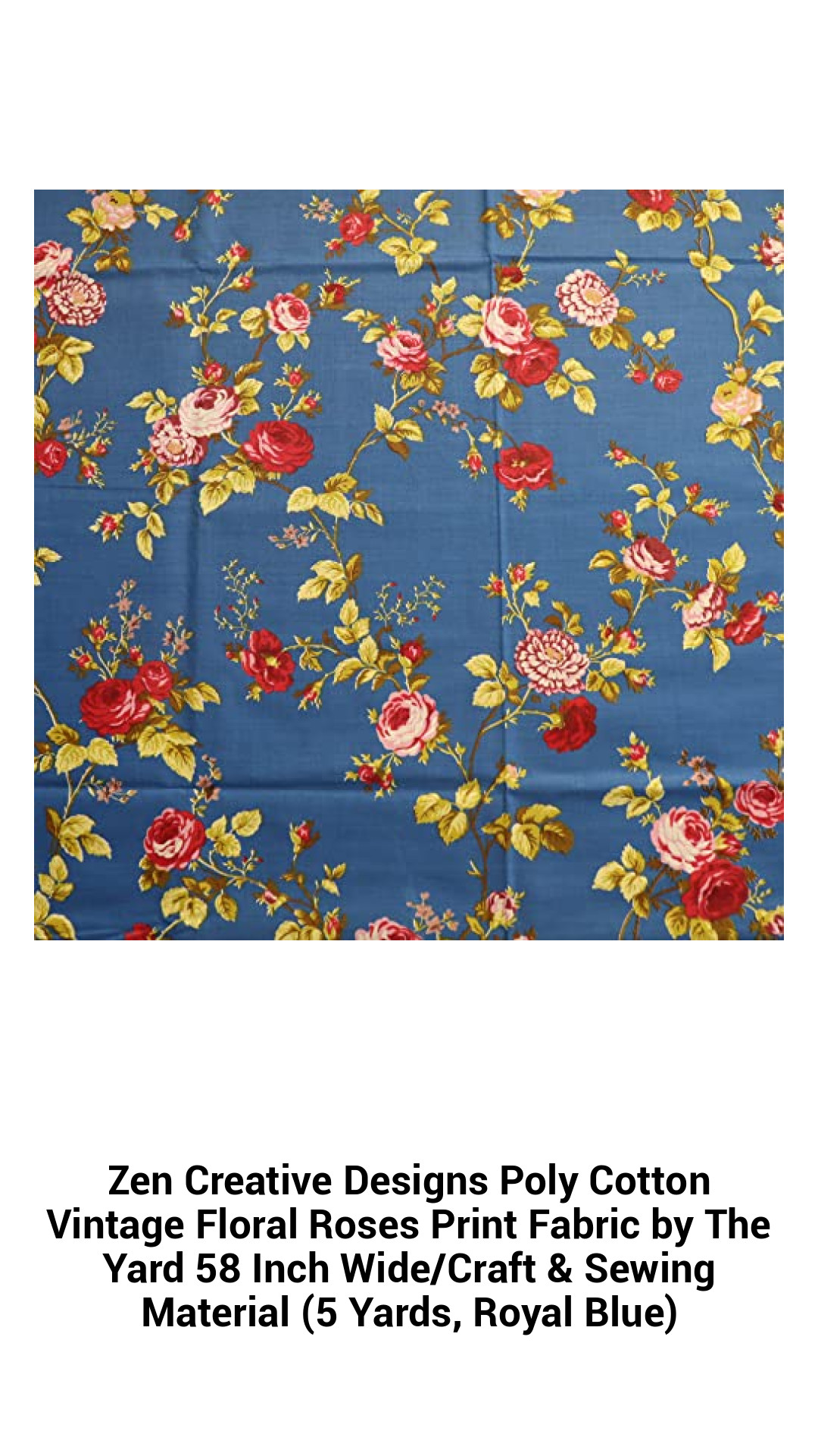 Luxurious Royal Blue Vintage Floral Roses Print Fabric - Poly Cotton Crafting Material, 58-Inch Wide, Perfect for Sewing Projects (5 Yards)